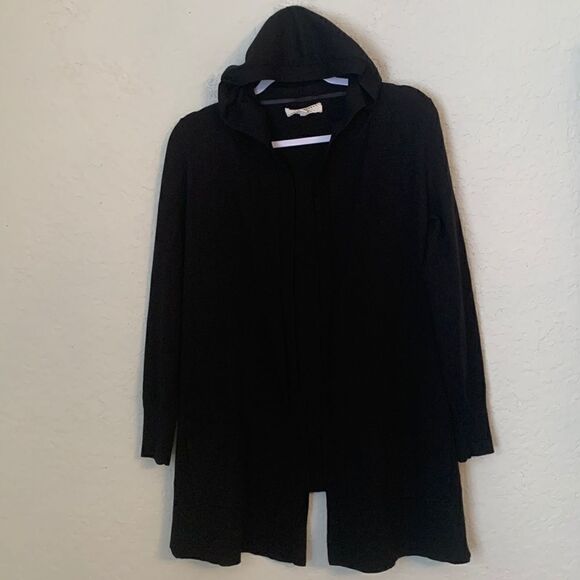 Antropologie Pointelle Black Cardigan Open Front With Hood Size S p - Picture 1 of 8